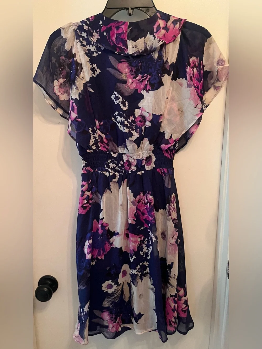 NWT—DKNY Navy Floral Ruffle Faux-Wrap Short Dress—Sz 6P